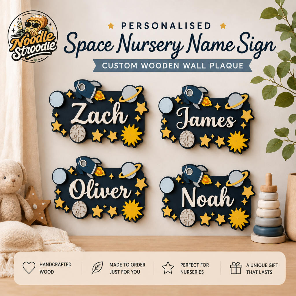 Personalised Space Nursery Name Sign – Wooden Rocket & Planet Wall Plaque