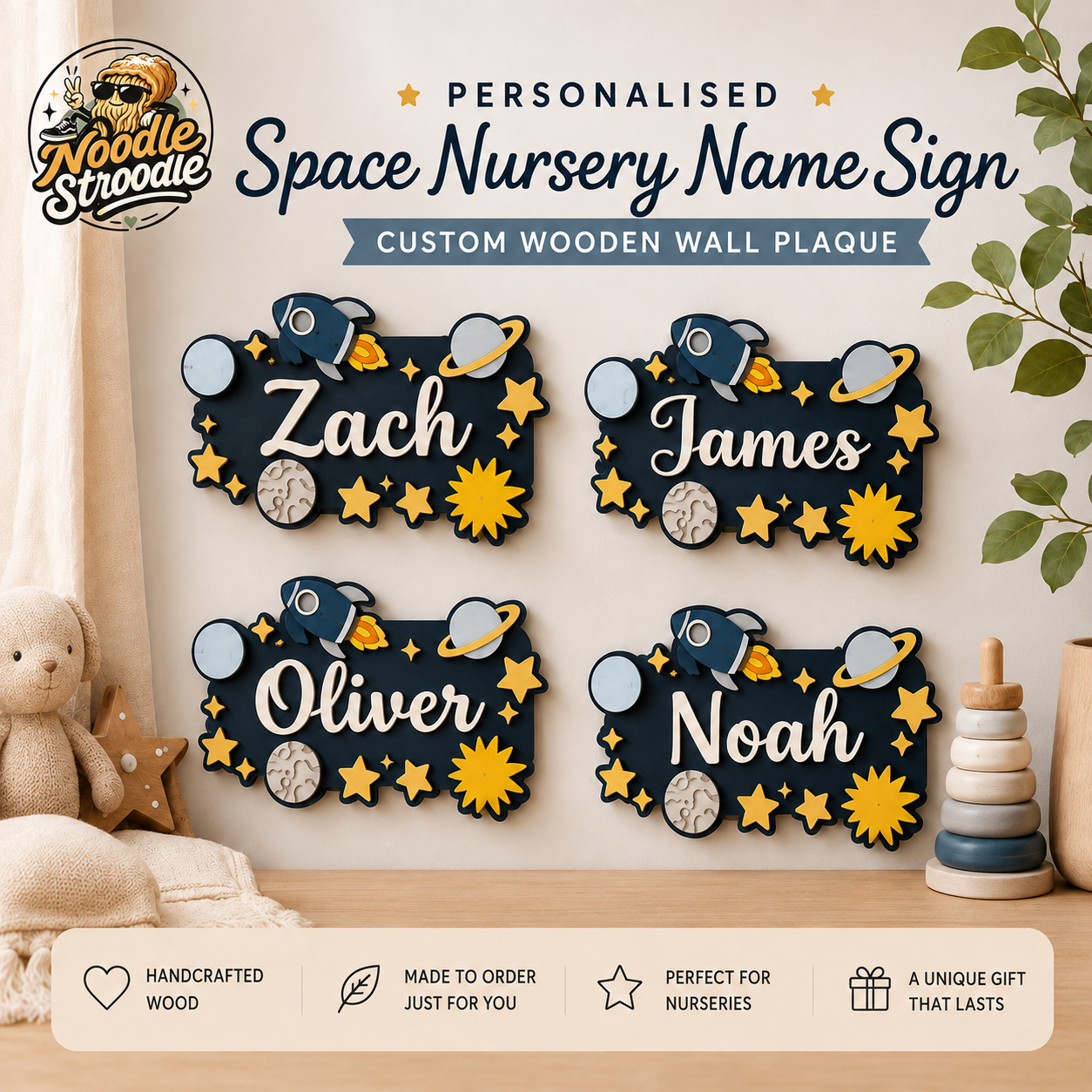 Personalised Space Nursery Name Sign – Wooden Rocket & Planet Wall Plaque