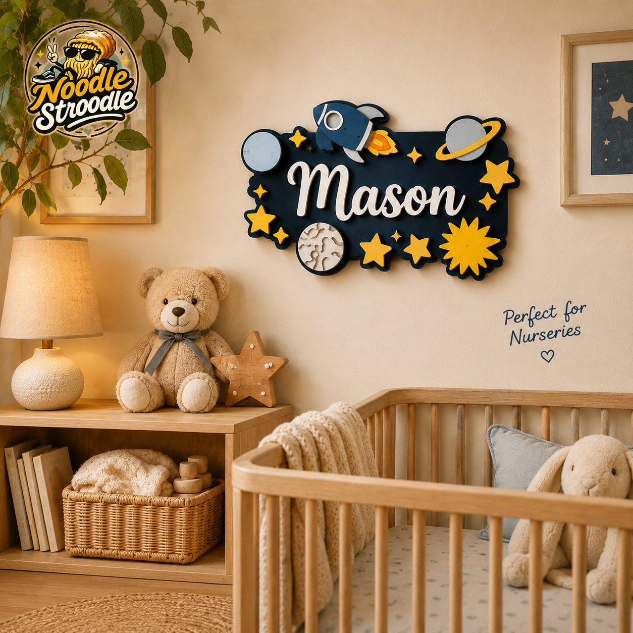 Personalised Space Nursery Name Sign – Wooden Rocket & Planet Wall Plaque - Image 4