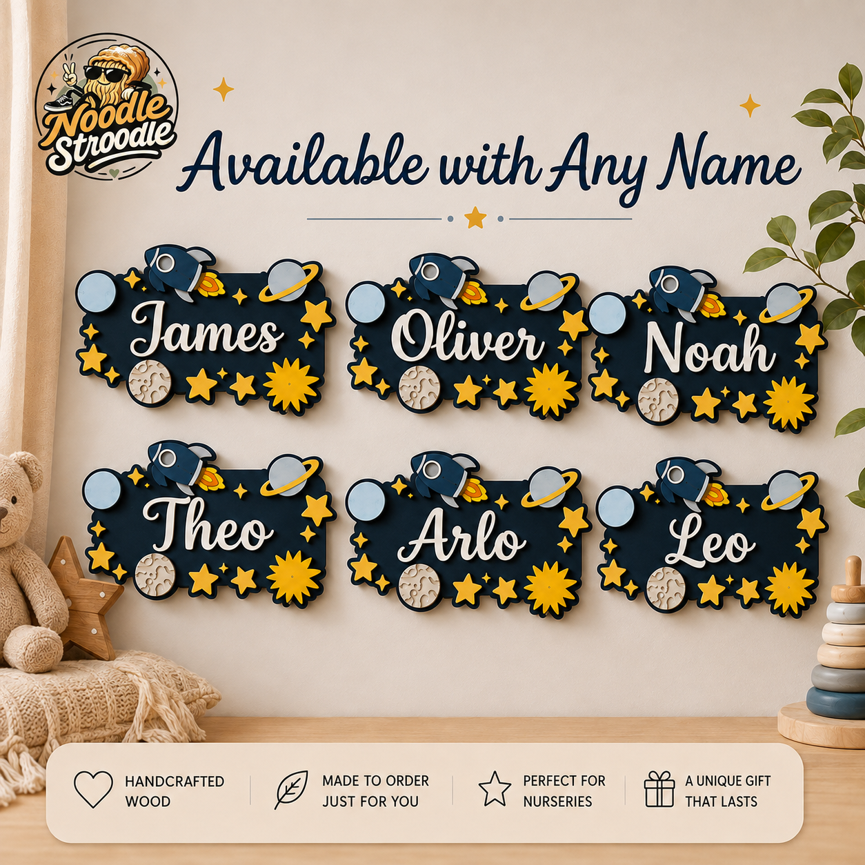 Personalised Space Nursery Name Sign – Wooden Rocket & Planet Wall Plaque - Image 3