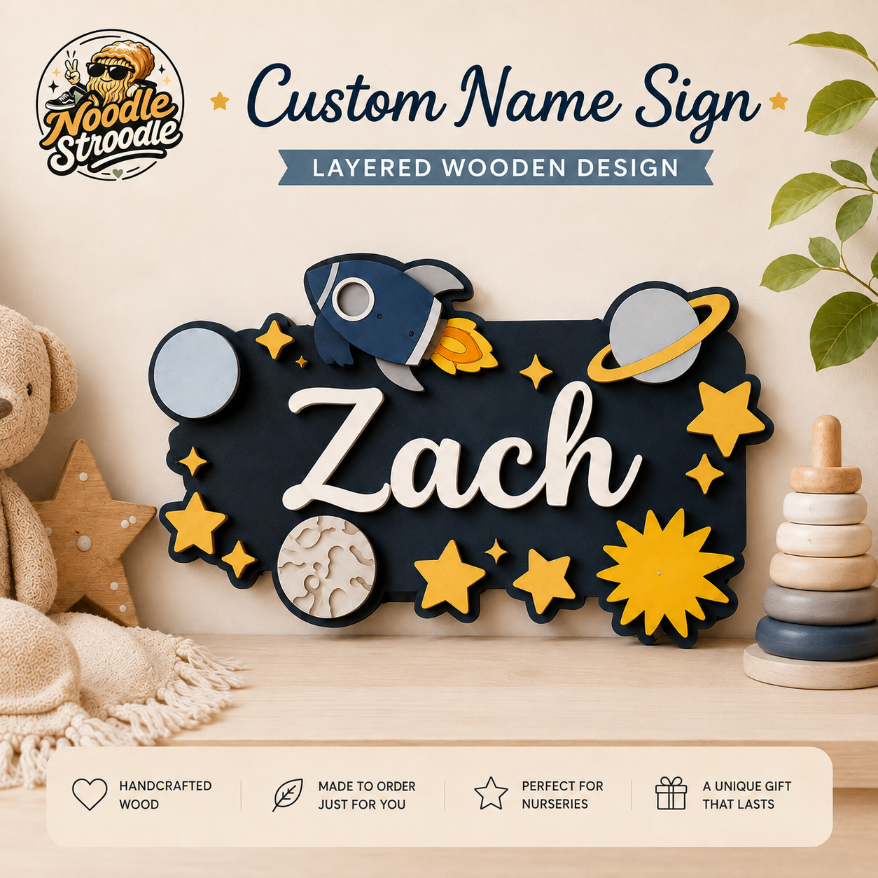 Personalised Space Nursery Name Sign – Wooden Rocket & Planet Wall Plaque - Image 2