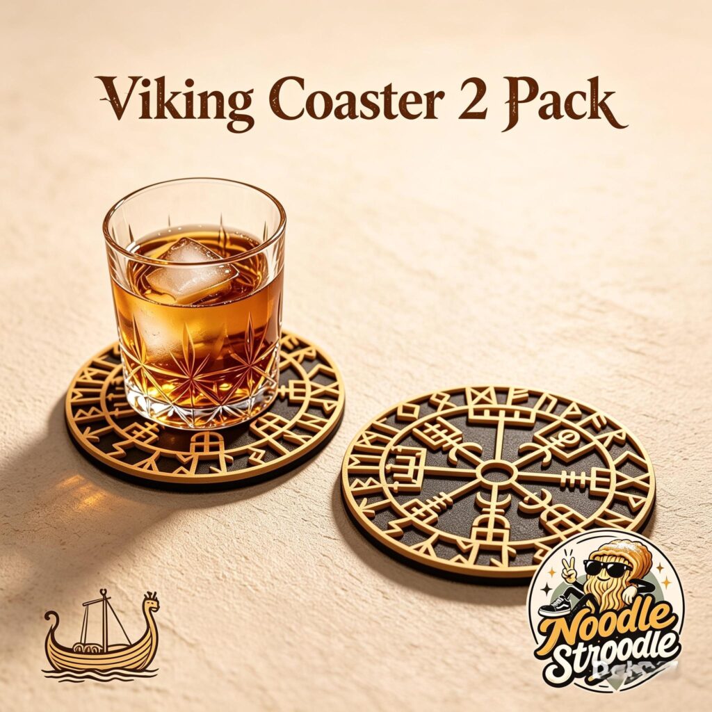 Viking Compass (Vegvísir) Coaster 2 Pack – Rustic Wood Finish, Norse Home Decor
