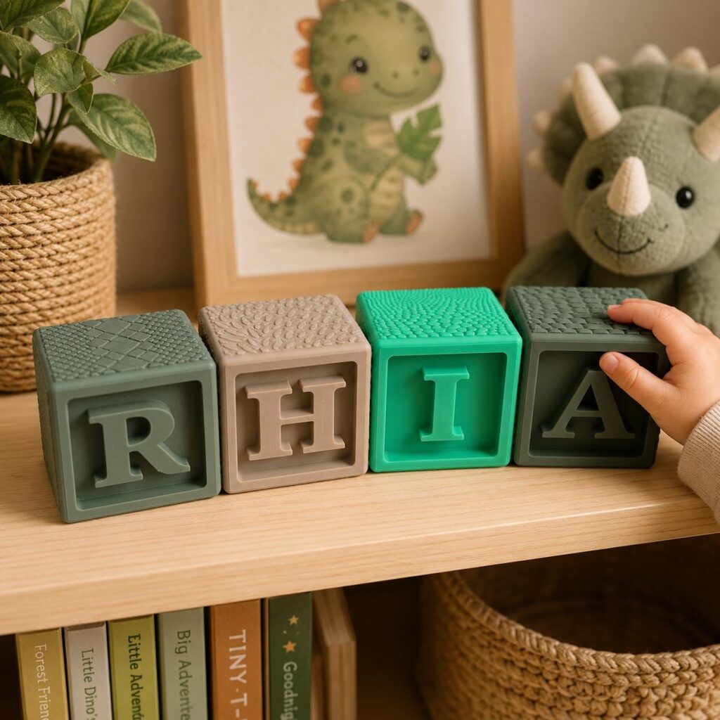 Personalised Name Blocks, Sensory Animal Name Cubes, UK Made Nursery Decor