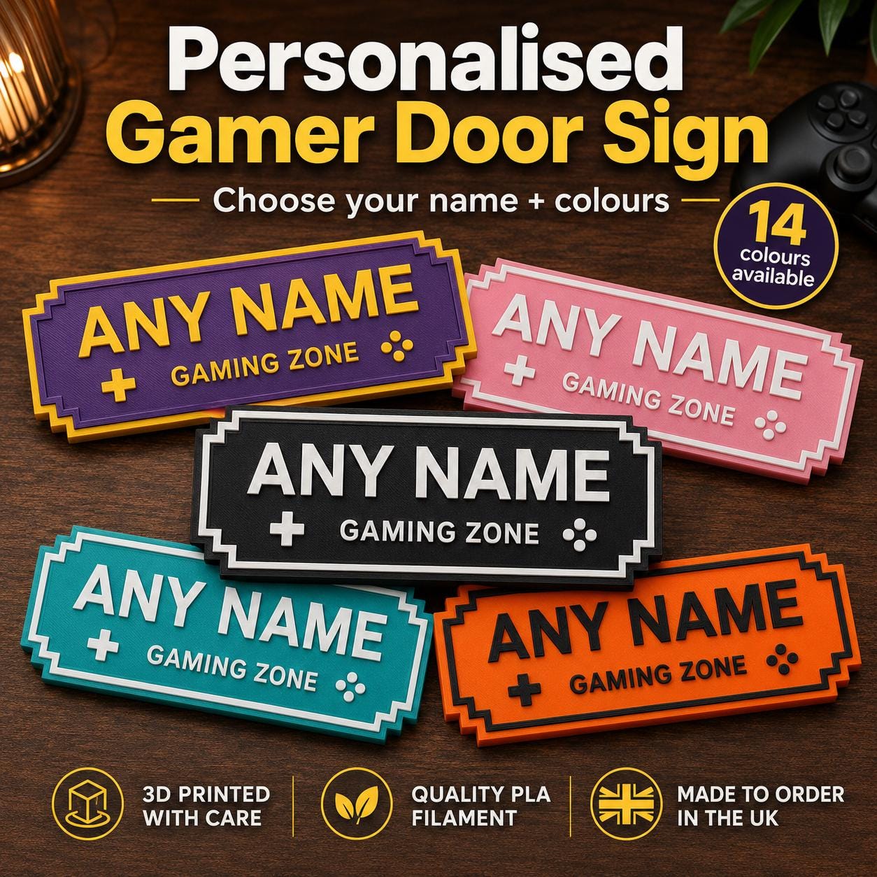 Personalised 3D Printed Gamer Door Sign | Custom Gaming Zone Name Plaque