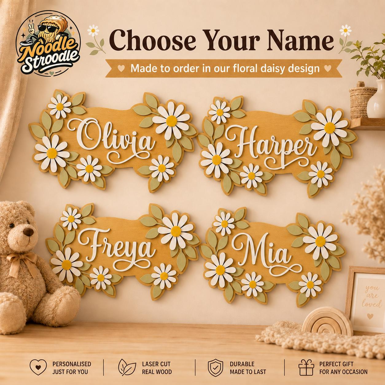 Personalised Daisy Nursery Name Sign, Wooden Floral Name Plaque - Image 5