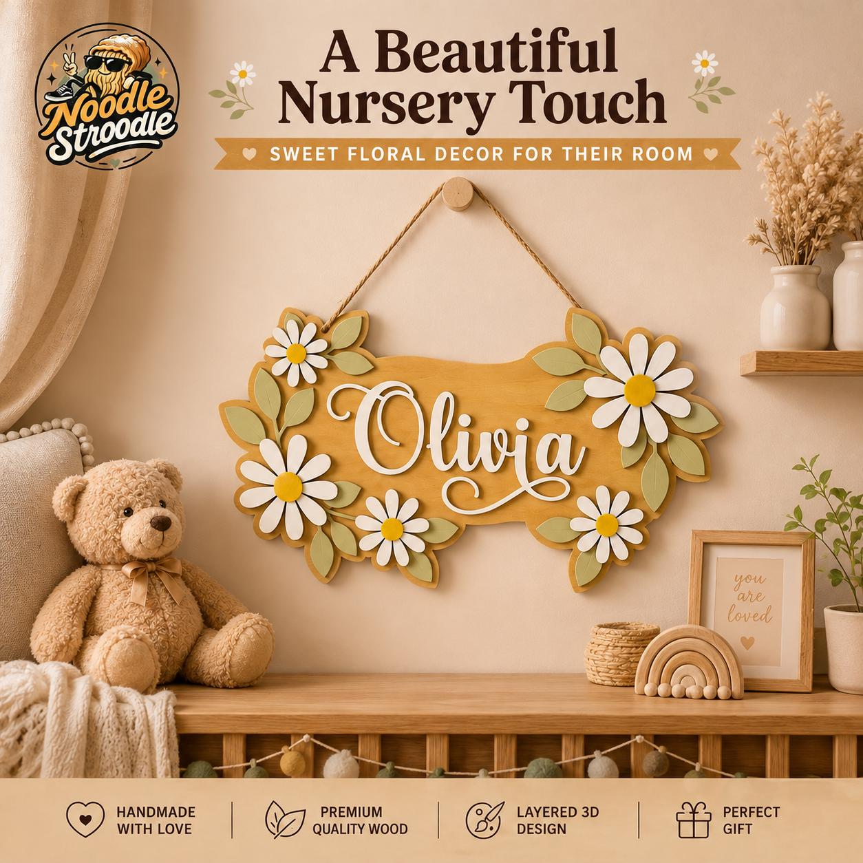 Personalised Daisy Nursery Name Sign, Wooden Floral Name Plaque