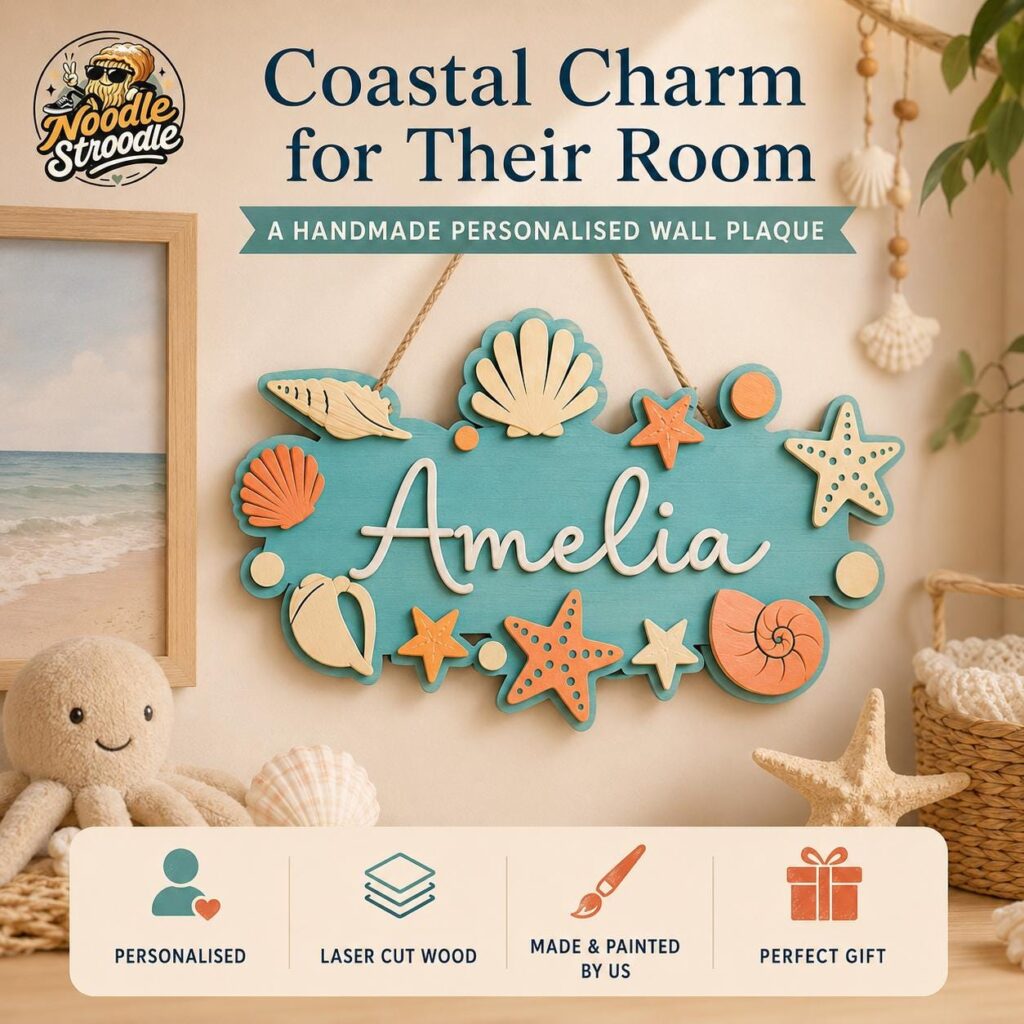 Personalised Coastal Nursery Name Sign, Wooden Seashell Wall Plaque