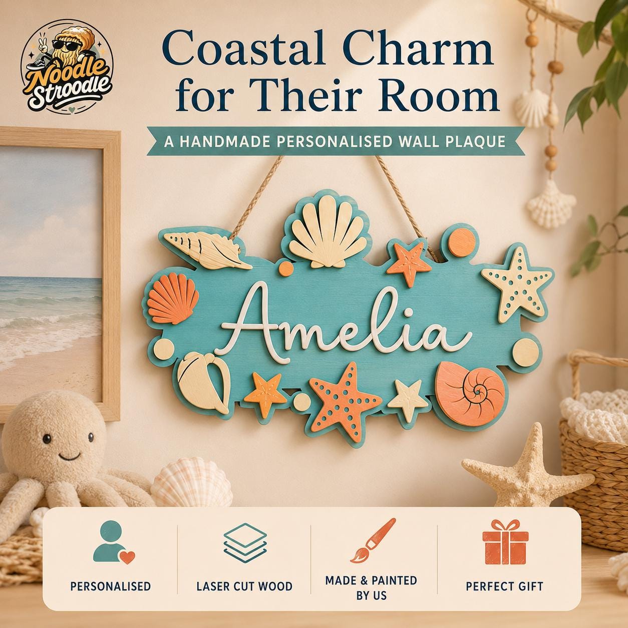 Personalised Coastal Nursery Name Sign, Wooden Seashell Wall Plaque