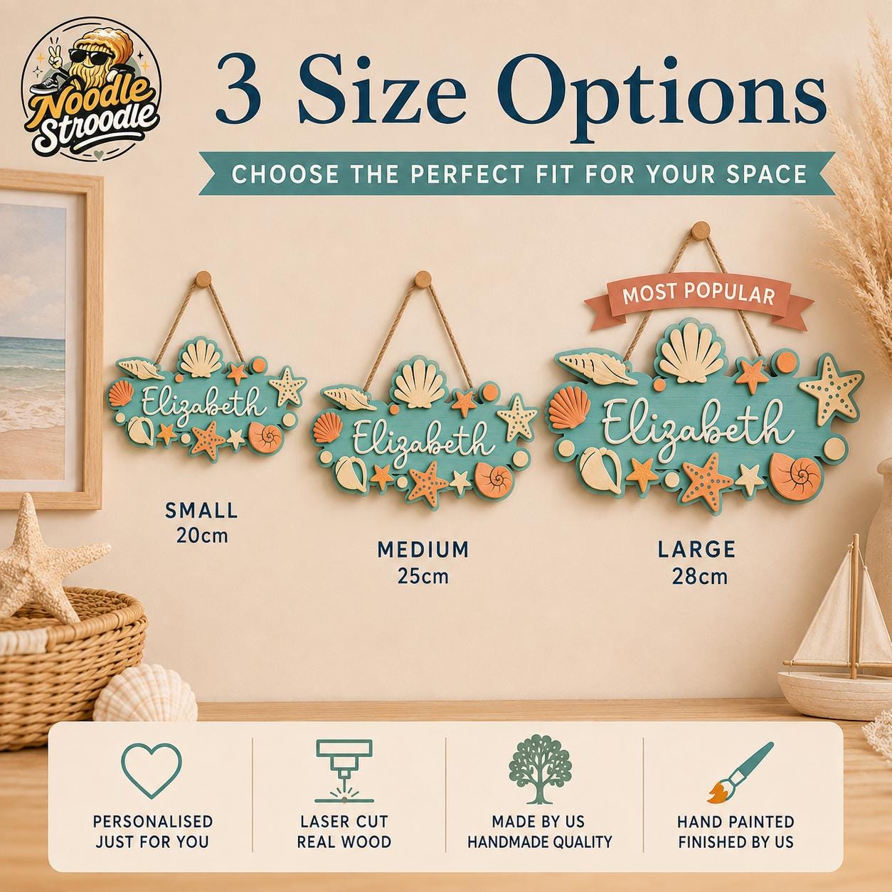 Personalised Coastal Nursery Name Sign, Wooden Seashell Wall Plaque - Image 4