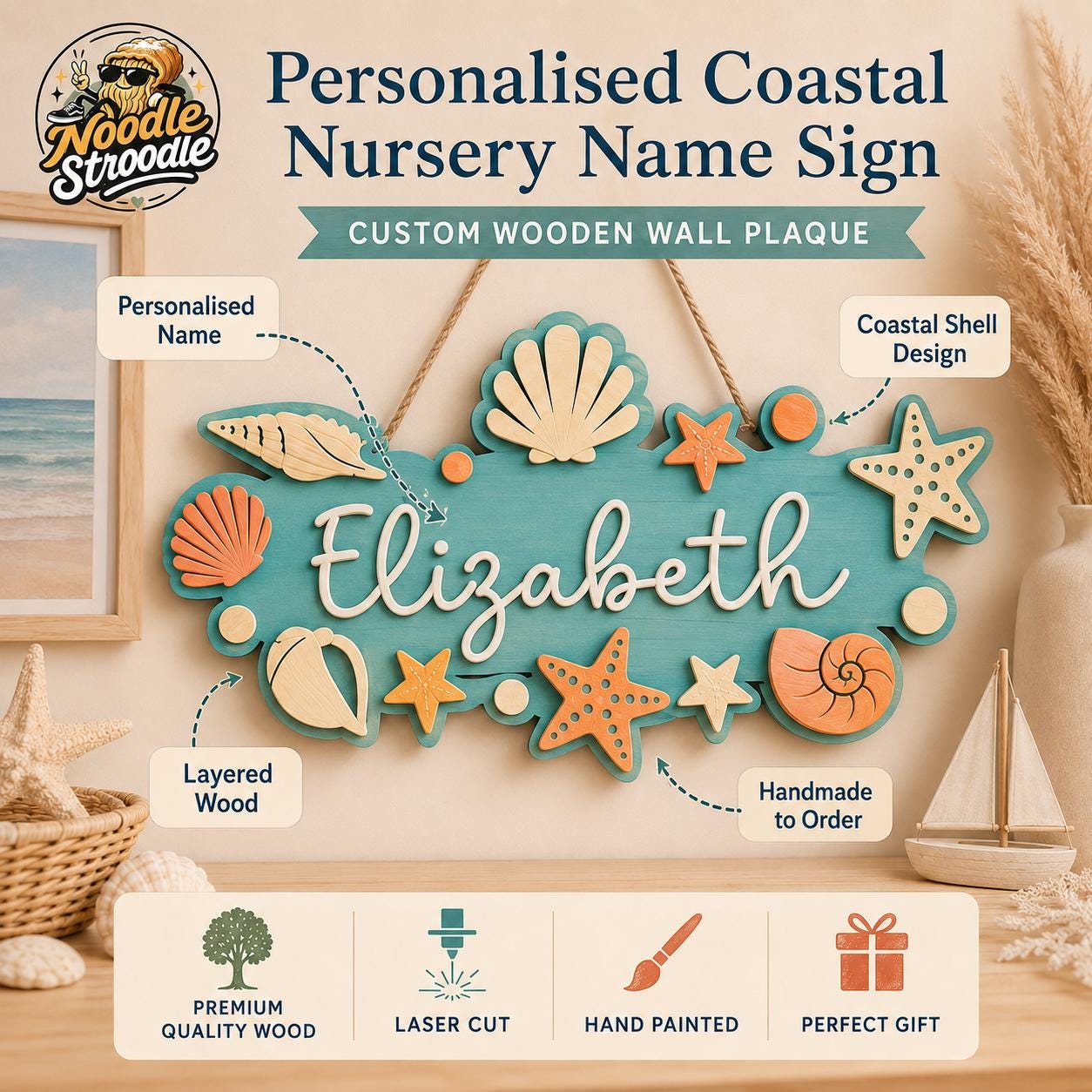 Personalised Coastal Nursery Name Sign, Wooden Seashell Wall Plaque - Image 9