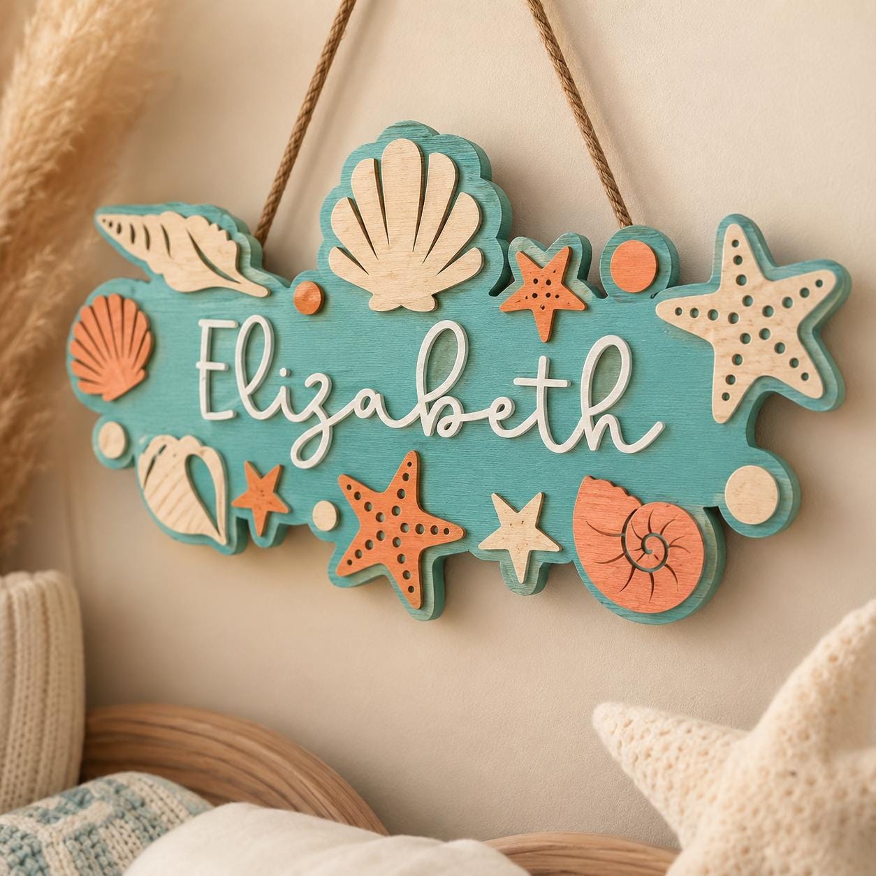 Personalised Coastal Nursery Name Sign, Wooden Seashell Wall Plaque - Image 5