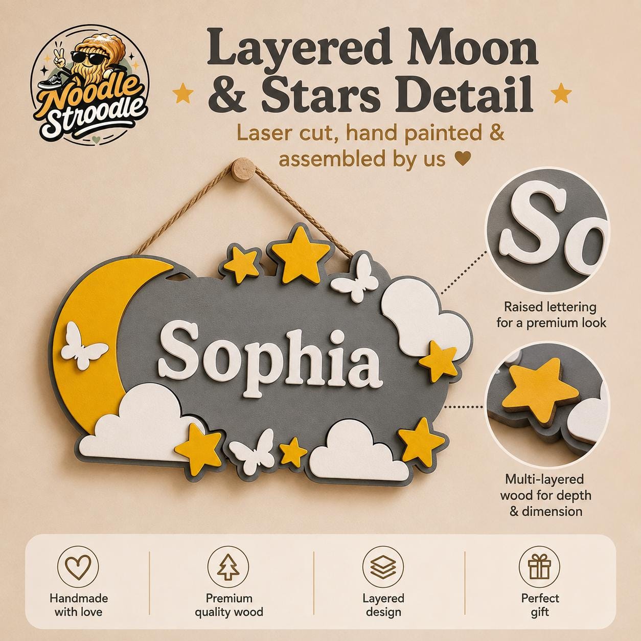 Personalised Moon & Stars Nursery Name Sign, Wooden Wall Plaque - Image 3