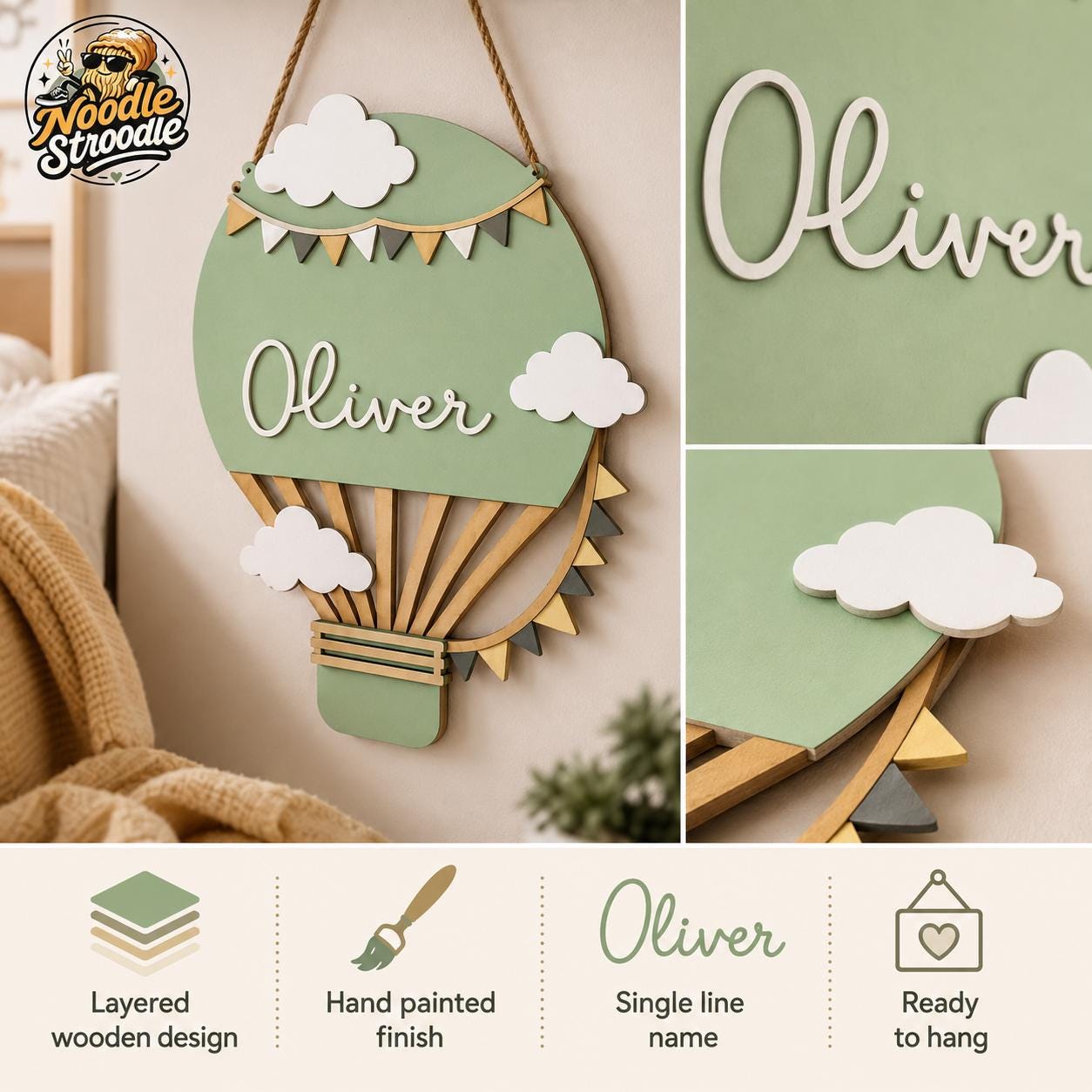 Personalised Hot Air Balloon Nursery Name Sign, Sage Green Wooden Plaque - Image 2