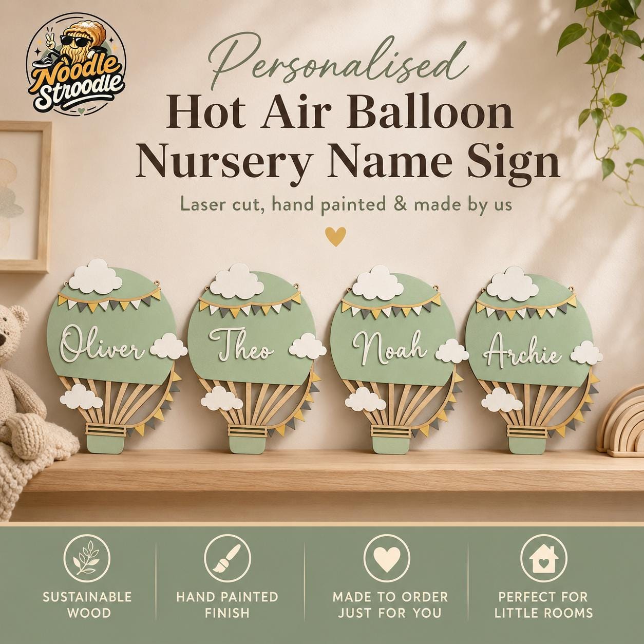 Personalised Hot Air Balloon Nursery Name Sign, Sage Green Wooden Plaque - Image 6