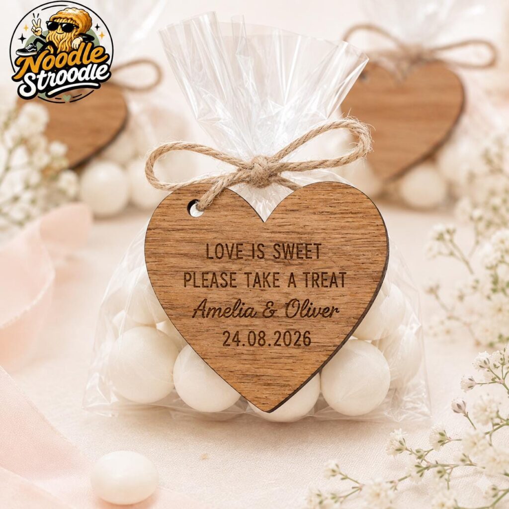 Personalised Wooden Heart Wedding Favour Tags, Engraved Thank You Bottle & Sweet Bag Charms