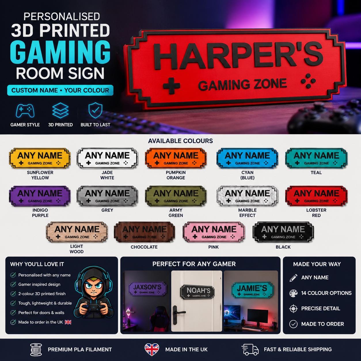 Personalised 3D Printed Gamer Door Sign | Custom Gaming Zone Name Plaque - Image 3