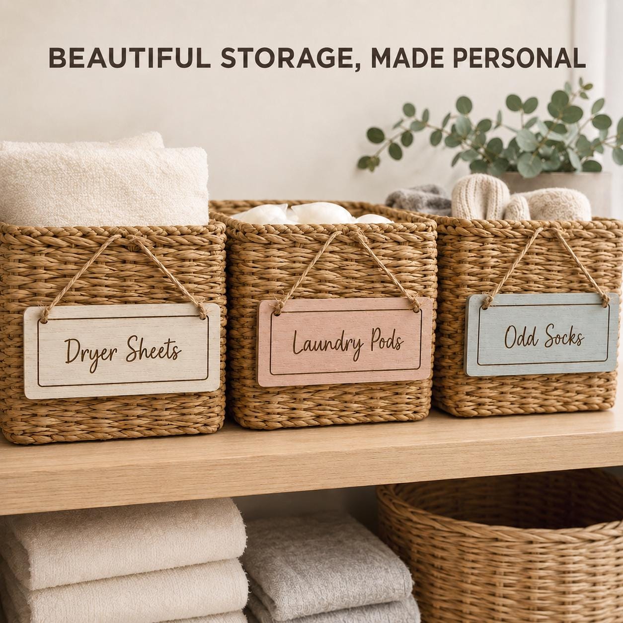 Personalised Wooden Sign, Any Text Engraved Storage Label, Door or Basket Plaque - Image 2