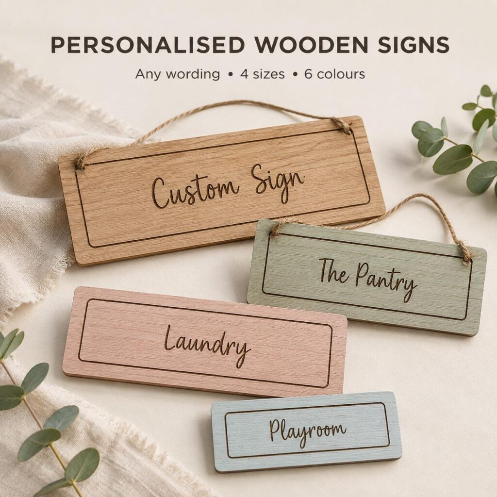 Personalised Wooden Sign, Any Text Engraved Storage Label, Door or Basket Plaque