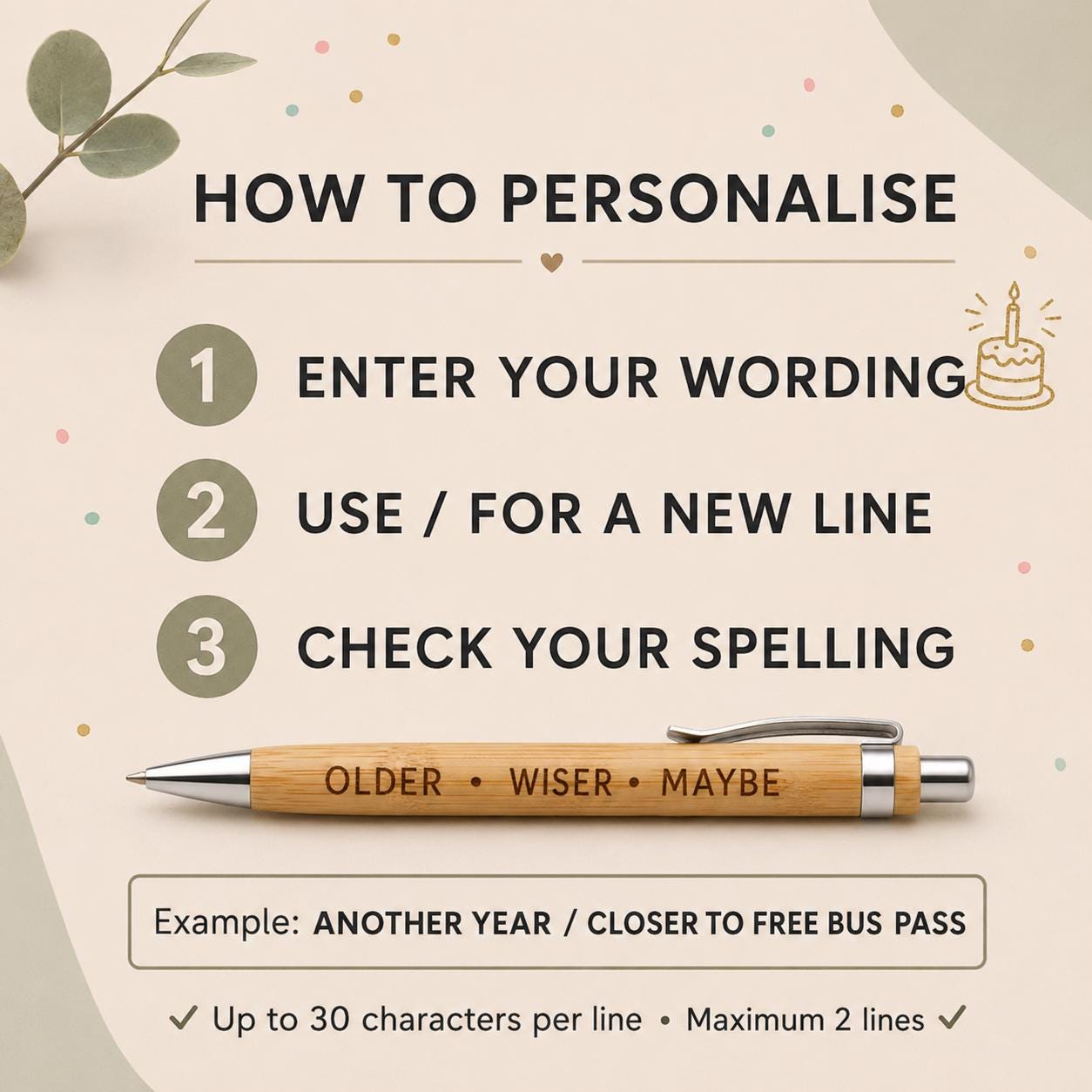 Personalised Bamboo Pen, Engraved Birthday Gift, Funny Milestone Pen for Him or Her - Image 3