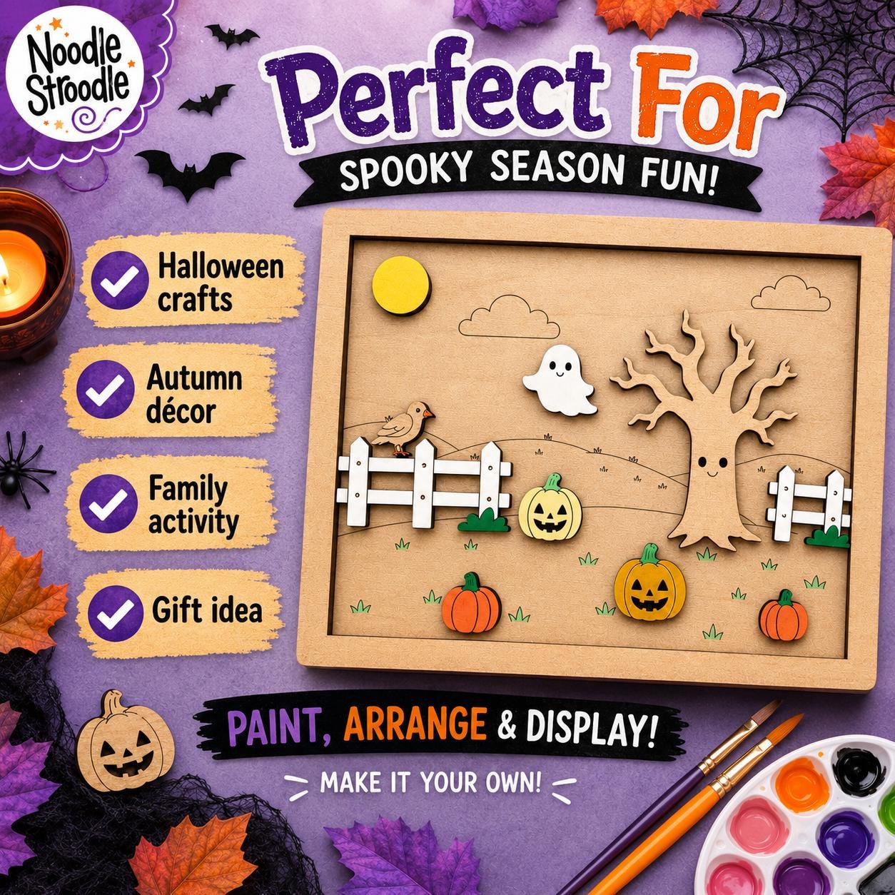 Paint Your Own Wooden Pumpkin Patch Scene, Halloween Craft Kit, Engraved DIY Autumn Decoration - Image 8