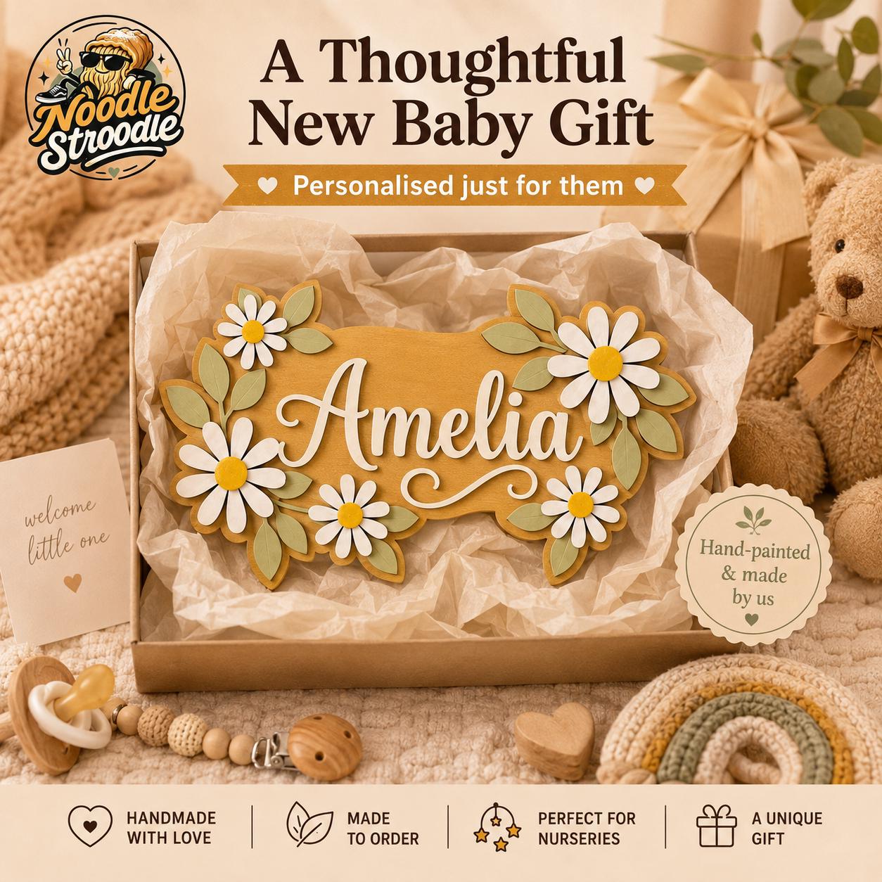 Personalised Daisy Nursery Name Sign, Wooden Floral Name Plaque - Image 3