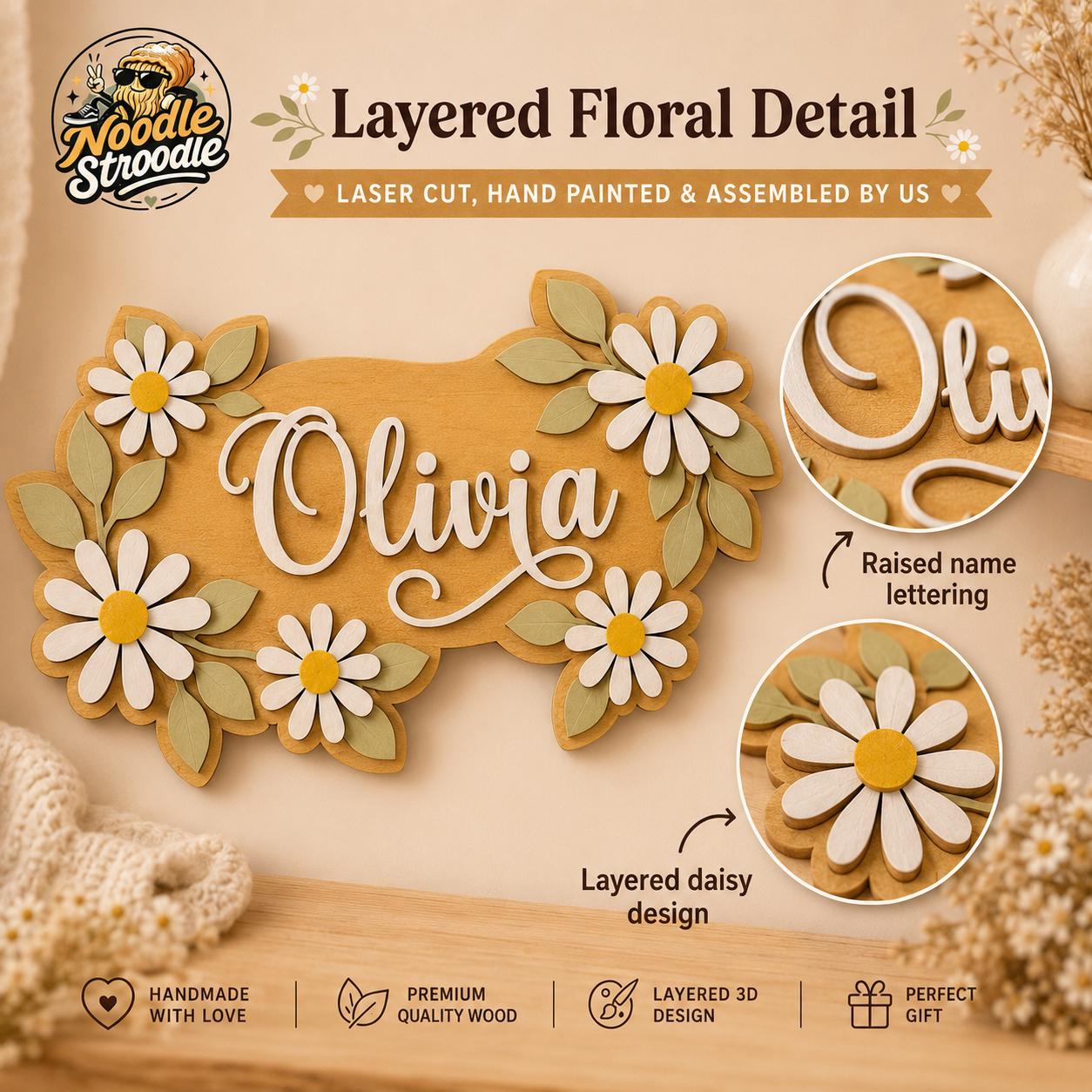 Personalised Daisy Nursery Name Sign, Wooden Floral Name Plaque - Image 7