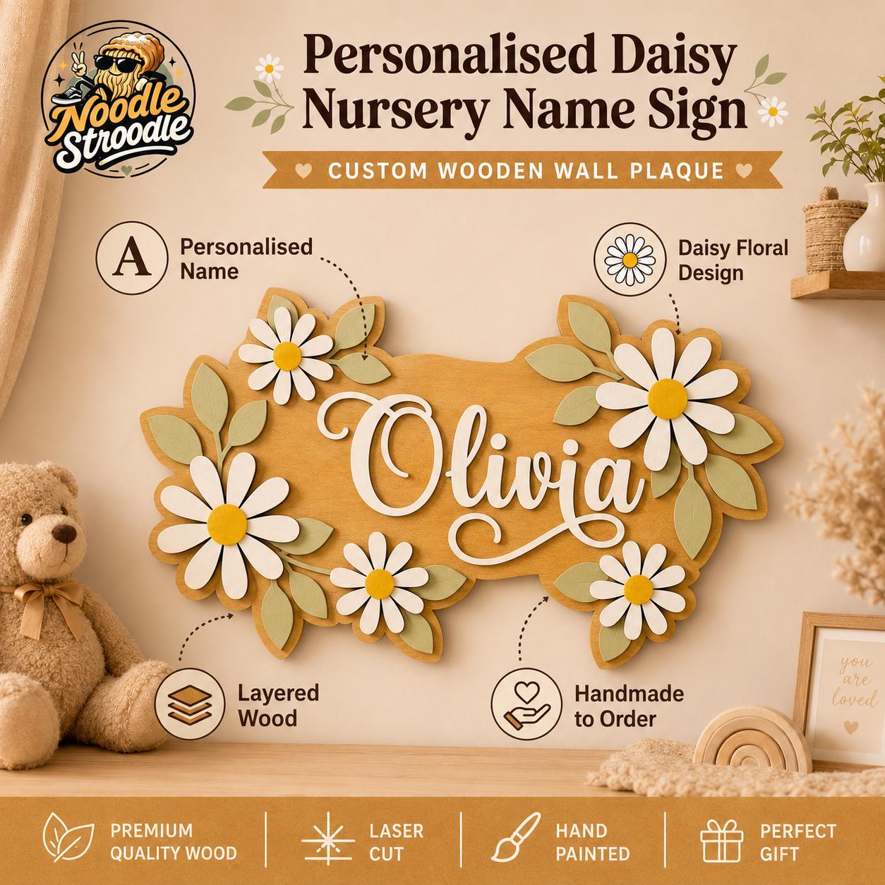Personalised Daisy Nursery Name Sign, Wooden Floral Name Plaque - Image 6