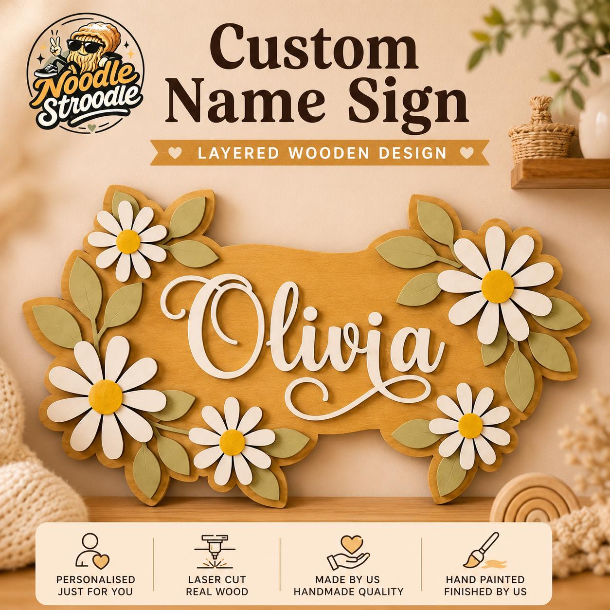 Personalised Daisy Nursery Name Sign, Wooden Floral Name Plaque - Image 2
