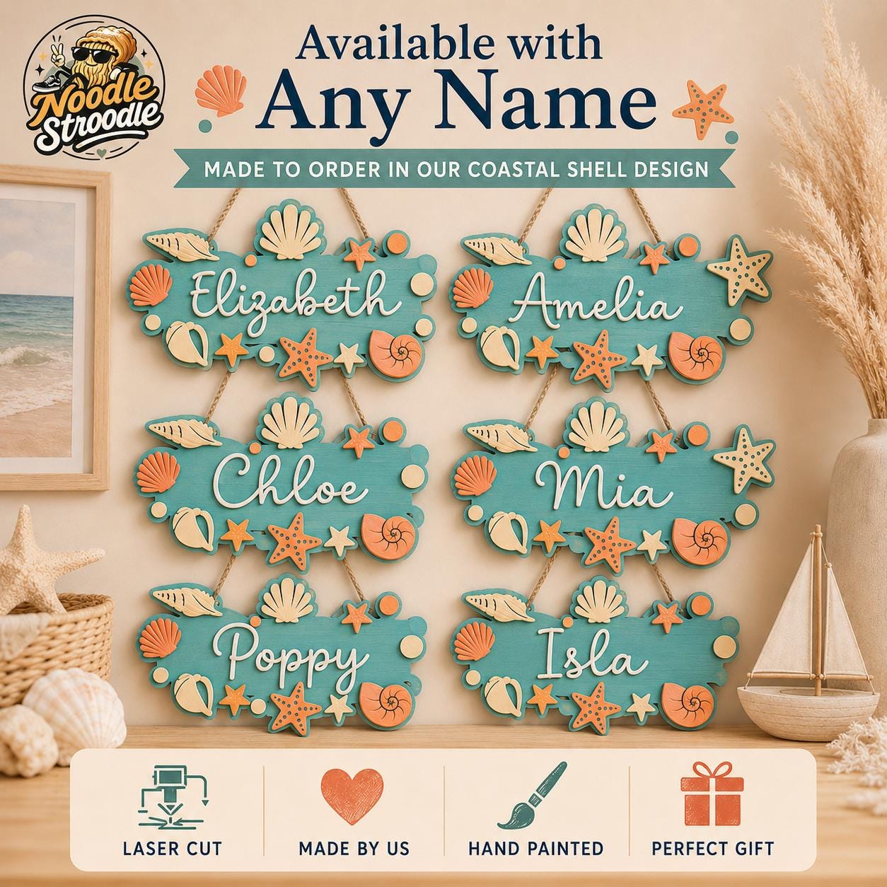 Personalised Coastal Nursery Name Sign, Wooden Seashell Wall Plaque - Image 7