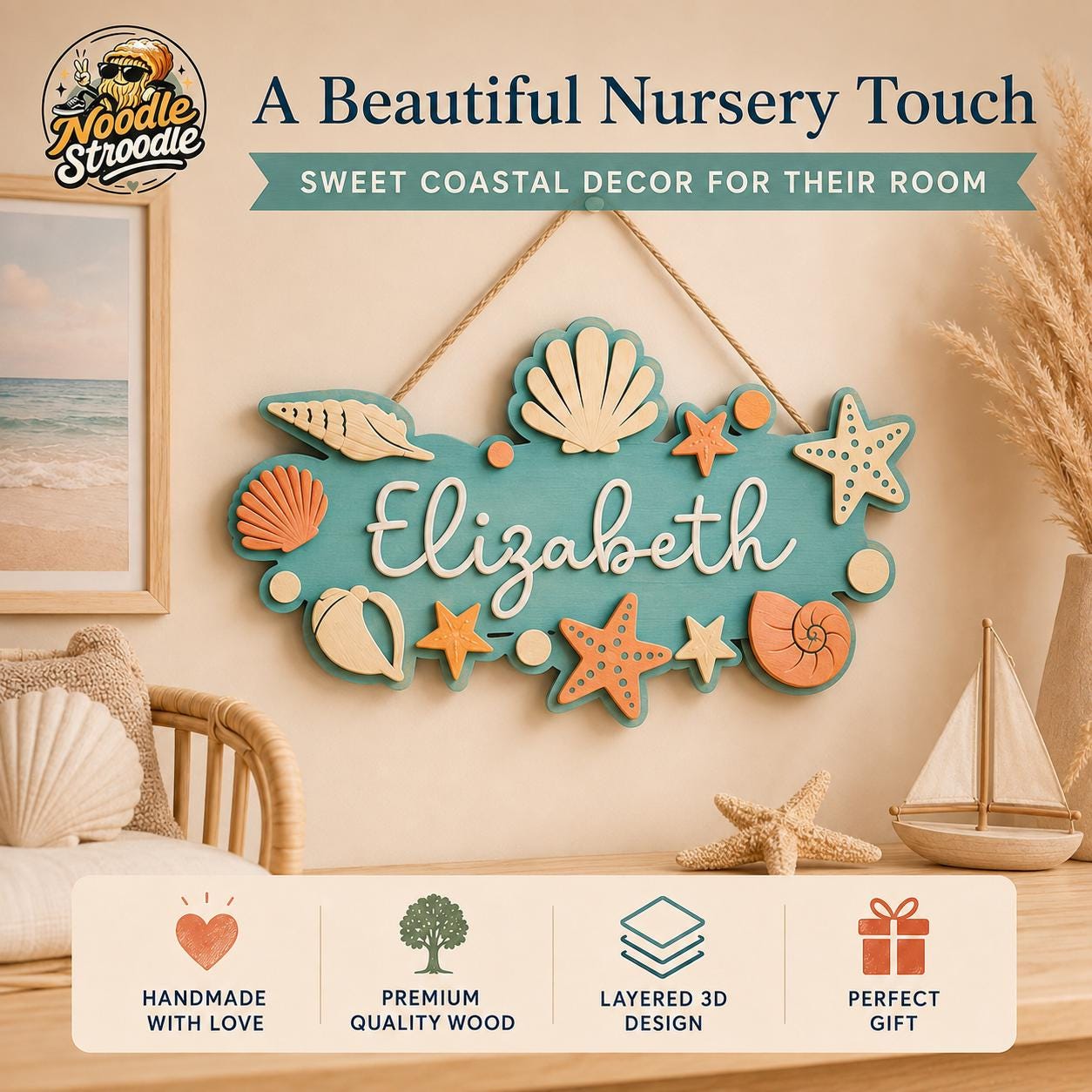 Personalised Coastal Nursery Name Sign, Wooden Seashell Wall Plaque - Image 8