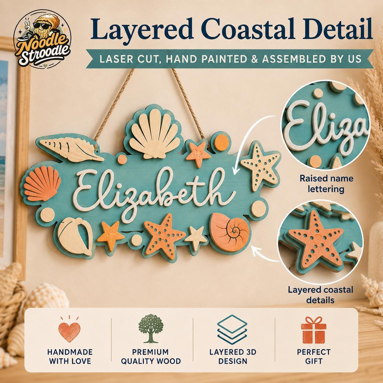 Personalised Coastal Nursery Name Sign, Wooden Seashell Wall Plaque - Image 6