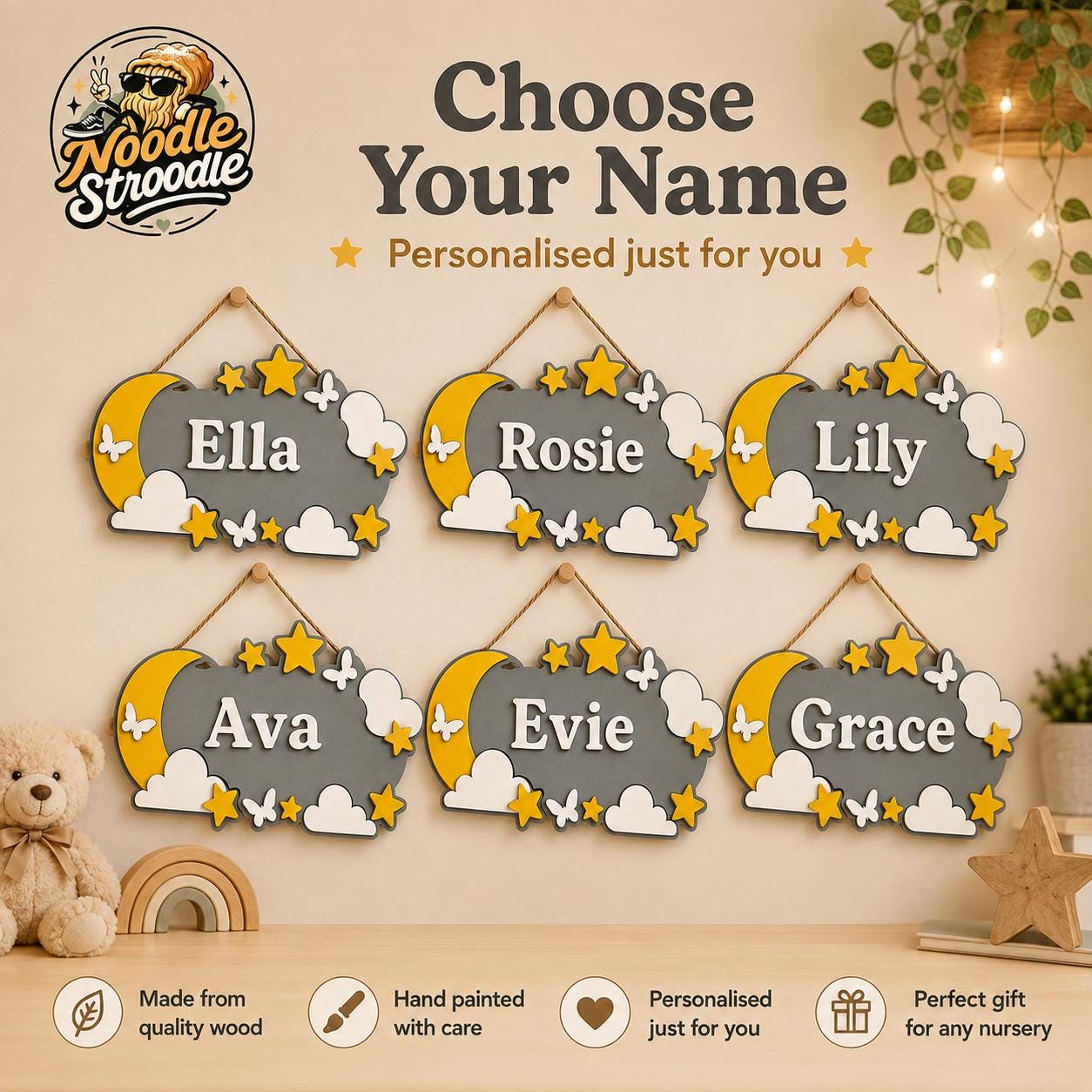 Personalised Moon & Stars Nursery Name Sign, Wooden Wall Plaque - Image 7