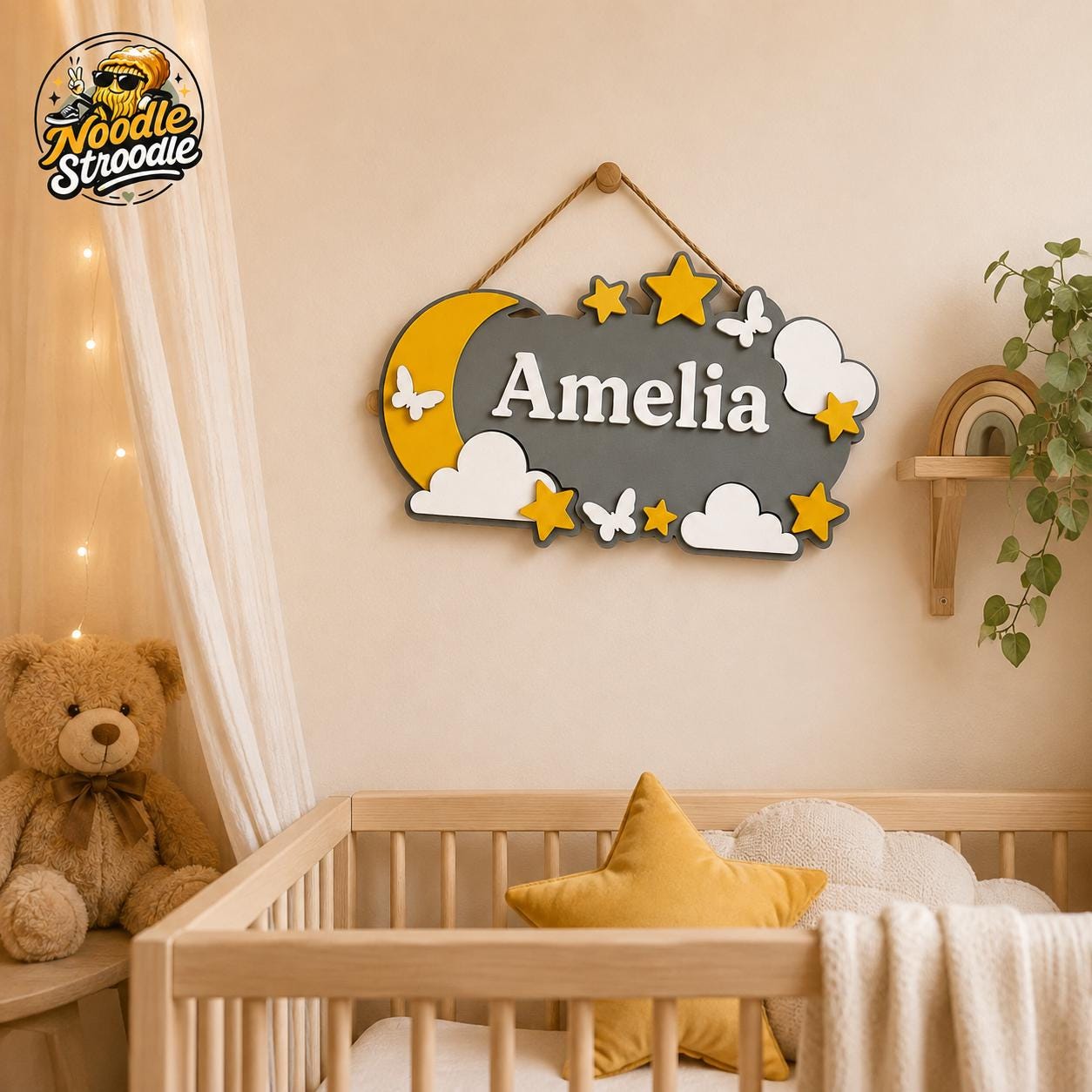Personalised Moon & Stars Nursery Name Sign, Wooden Wall Plaque - Image 2