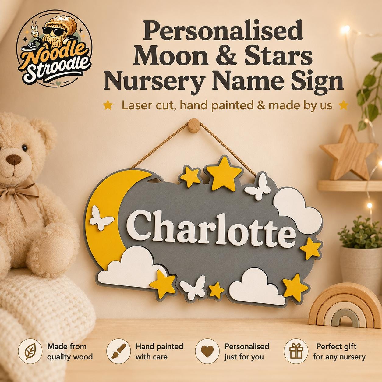 Personalised Moon & Stars Nursery Name Sign, Wooden Wall Plaque