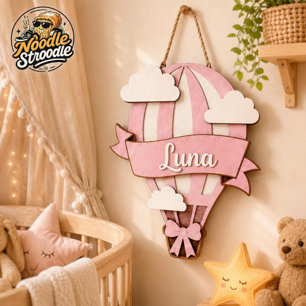 Personalised Hot Air Balloon Nursery Name Sign, Wooden Wall Plaque