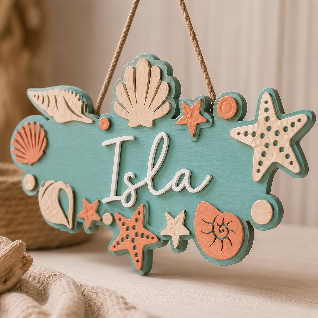 Personalised Coastal Nursery Name Sign, Wooden Seashell Wall Plaque - Image 2