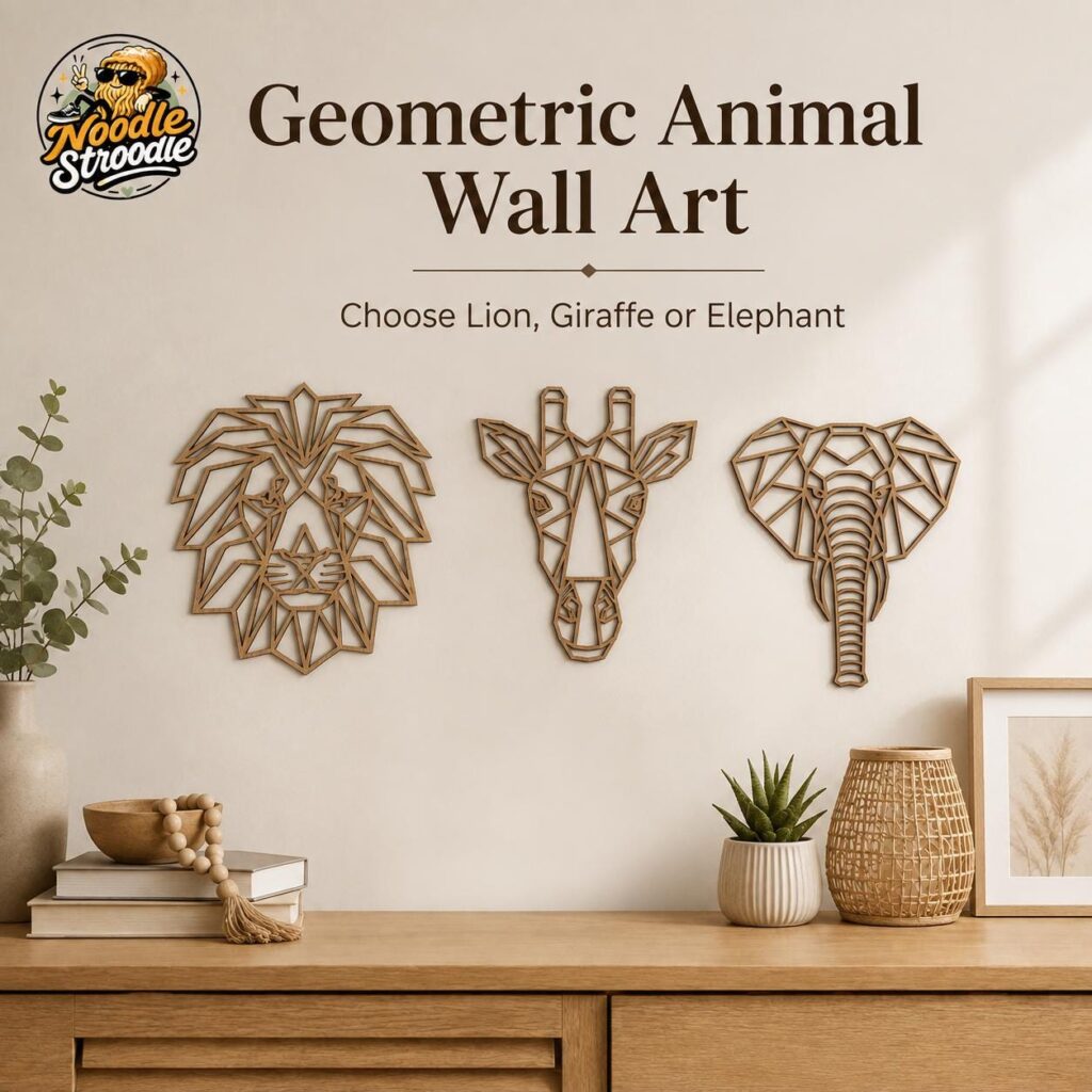 Geometric Oak Wood Animal Wall Art, Laser Cut Lion Giraffe Elephant, Nursery, Africa