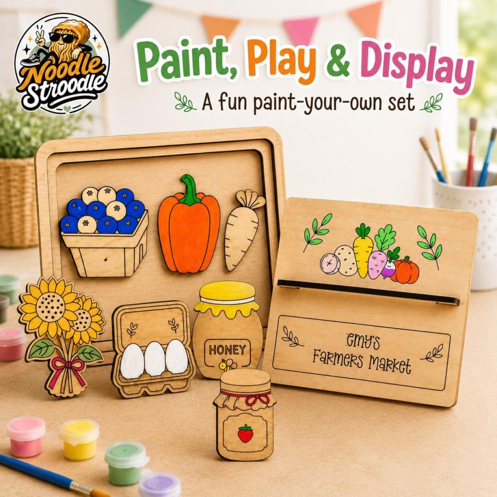 Personalised Paint Your Own Farmers Market Basket, Wooden Craft Kit, Bare Wood Painting Set