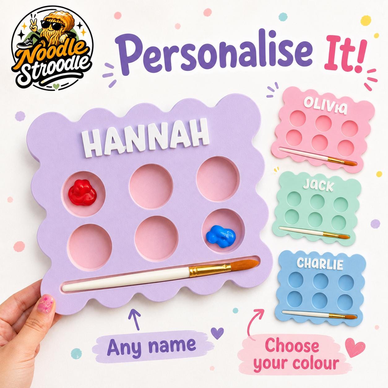 Personalised Paint Palette, 3D Printed Paint Mixing Tray, Custom Name Artist Gift, Brush Holder - Image 2