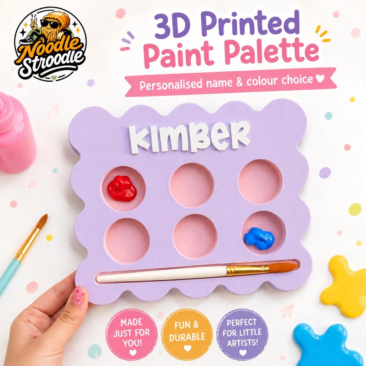 Personalised Paint Palette, 3D Printed Paint Mixing Tray, Custom Name Artist Gift, Brush Holder