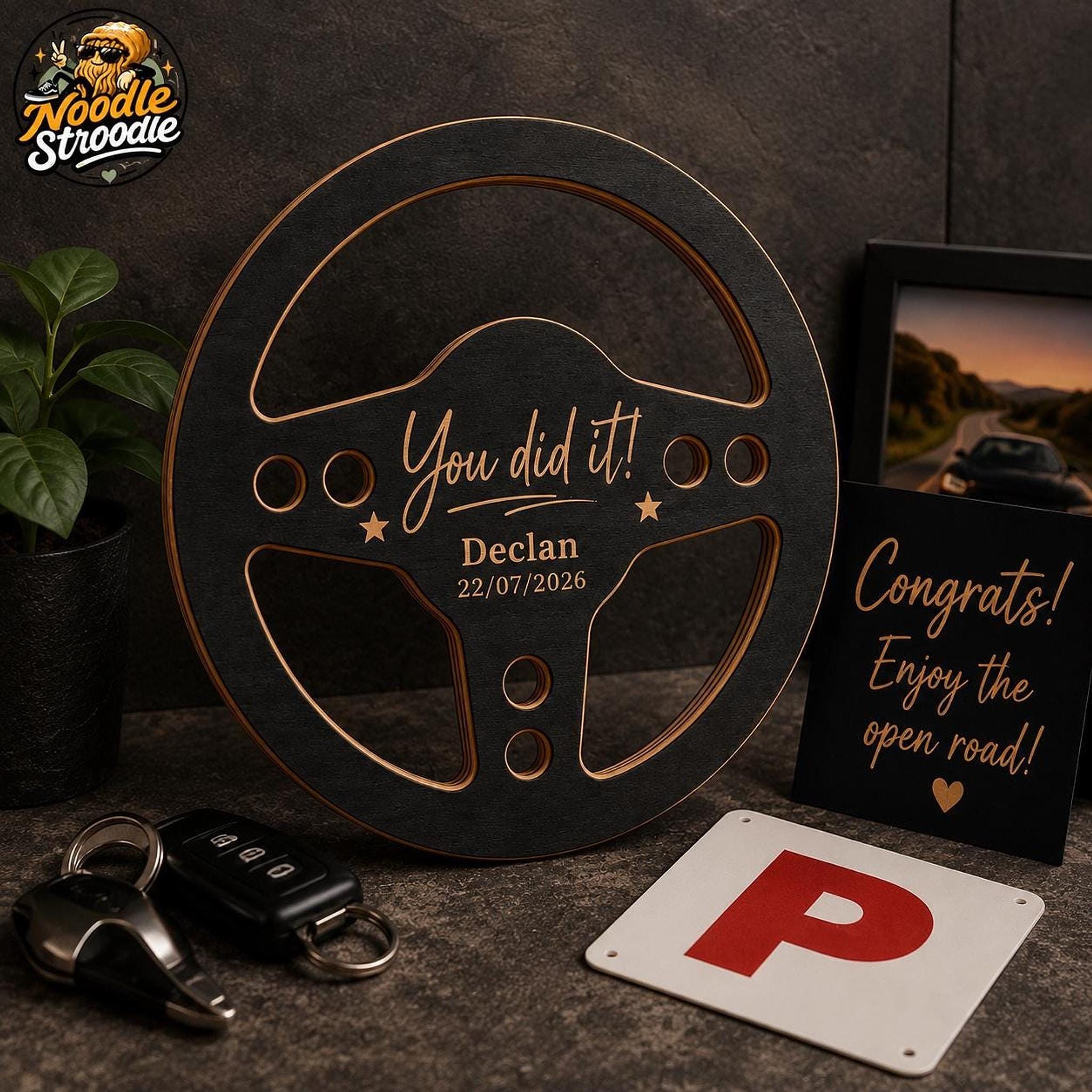 Steering Wheel Gift, Personalised New Driver Keepsake, 20cm Layered Plywood