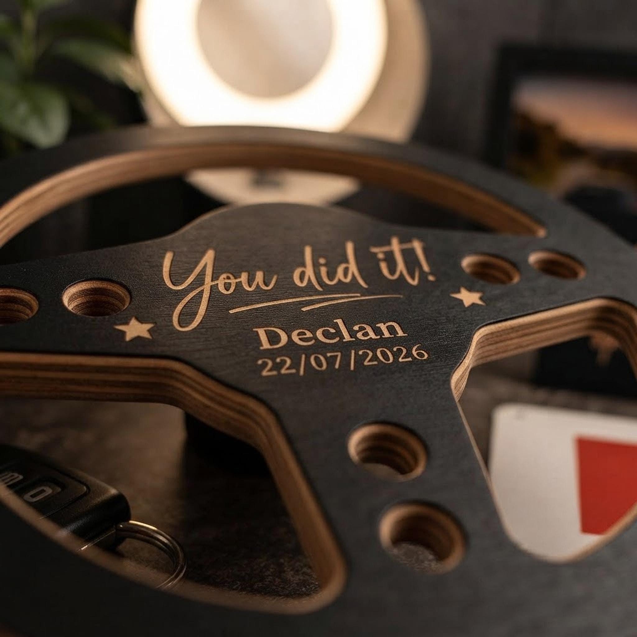 Steering Wheel Gift, Personalised New Driver Keepsake, 20cm Layered Plywood - Image 6