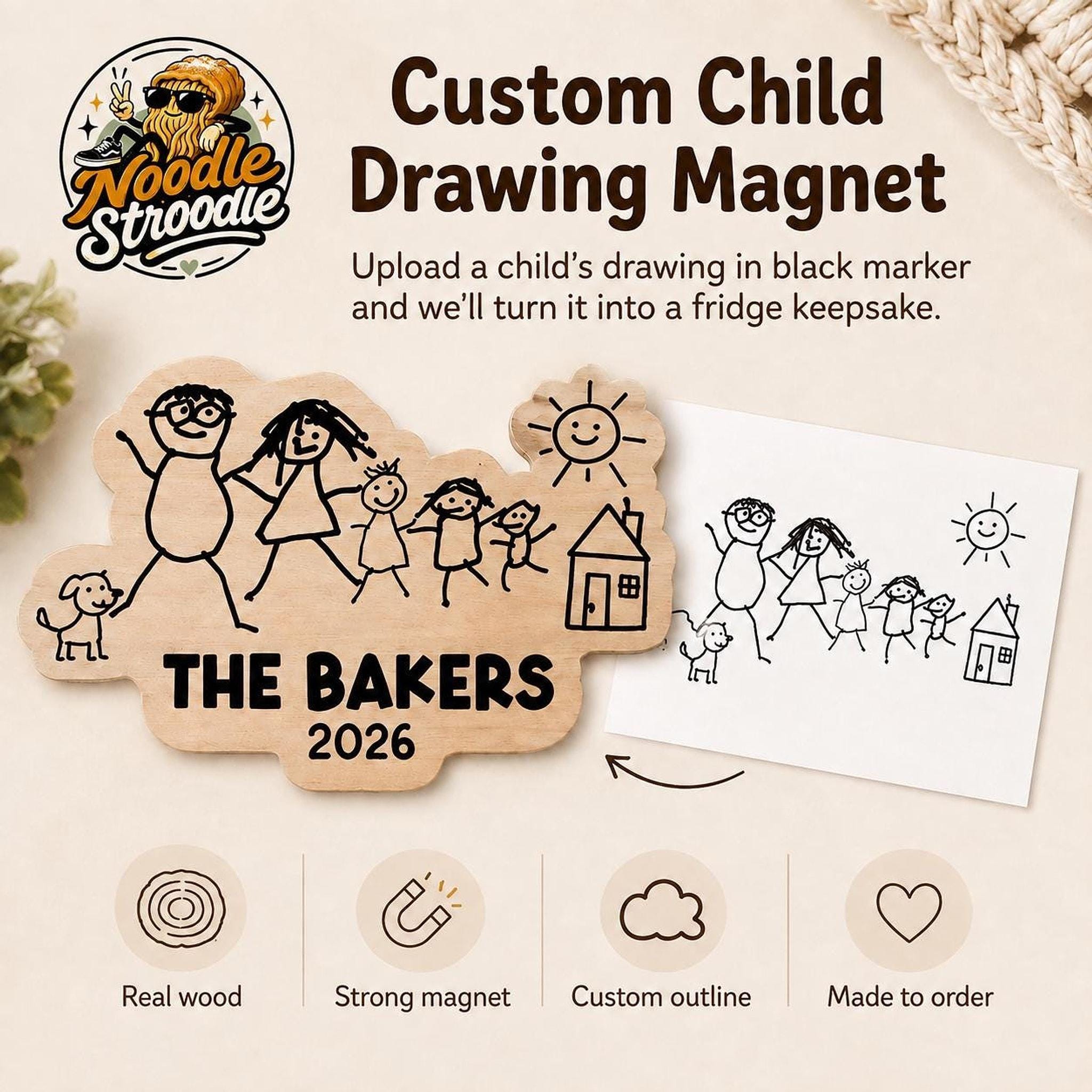 Custom Fridge Magnet, Wooden Child Artwork Keepsake with Engraved Name