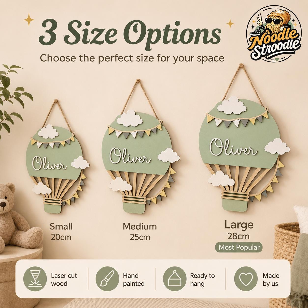 Personalised Hot Air Balloon Nursery Name Sign, Sage Green Wooden Plaque - Image 3