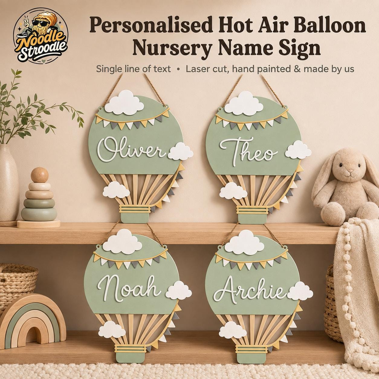 Personalised Hot Air Balloon Nursery Name Sign, Sage Green Wooden Plaque - Image 5