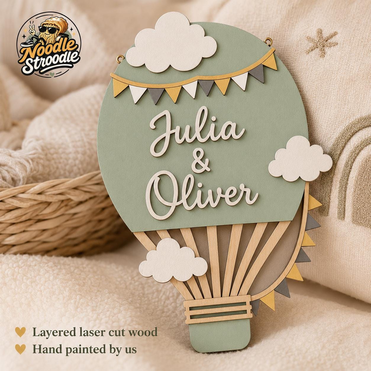 Personalised Hot Air Balloon Nursery Name Sign, Sage Green Wooden Plaque