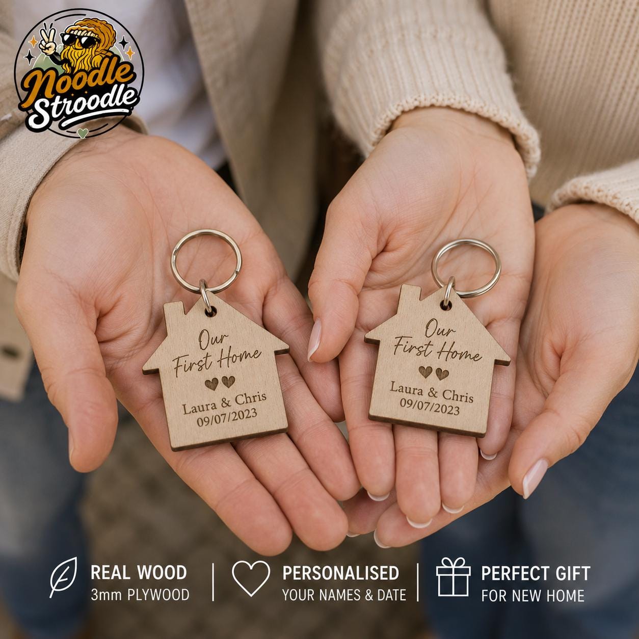 Personalised Wooden New Home Keyring, First Home Gift for Couple, Housewarming Keepsake - Image 2