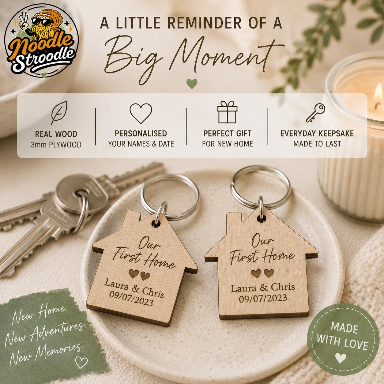 Personalised Wooden New Home Keyring, First Home Gift for Couple, Housewarming Keepsake - Image 6