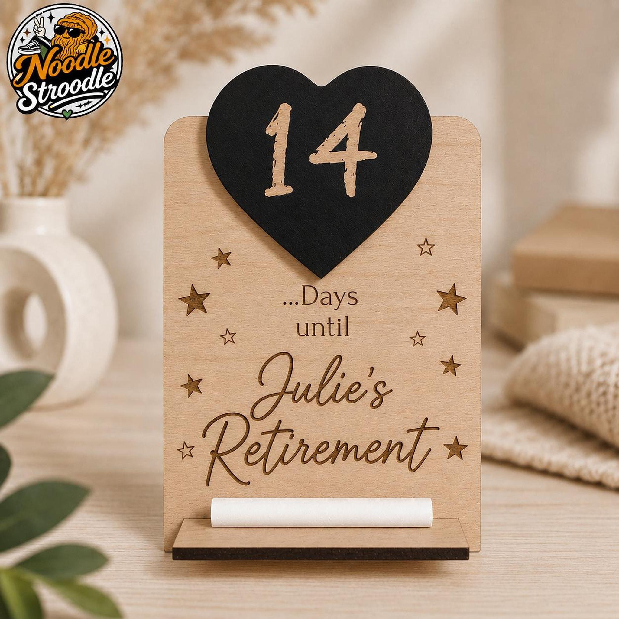 Retirement Sign, Personalised Wooden Name Plaque with Black Heart Countdown