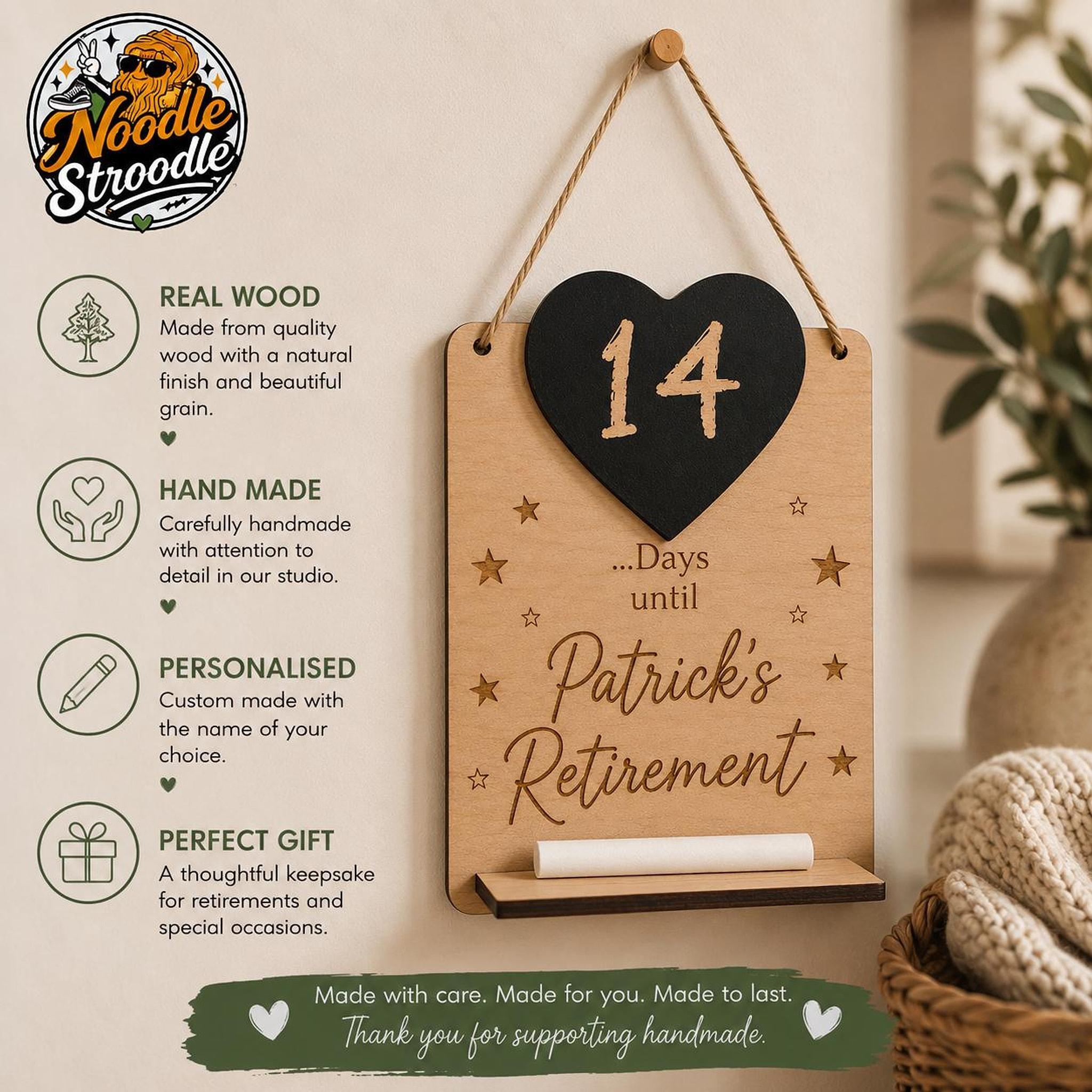 Retirement Sign, Personalised Wooden Name Plaque with Black Heart Countdown - Image 3